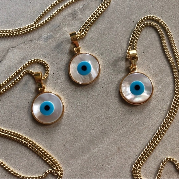 Evil Eye Carved Shell Boho Necklace 14K Gold - Picture 7 of 8